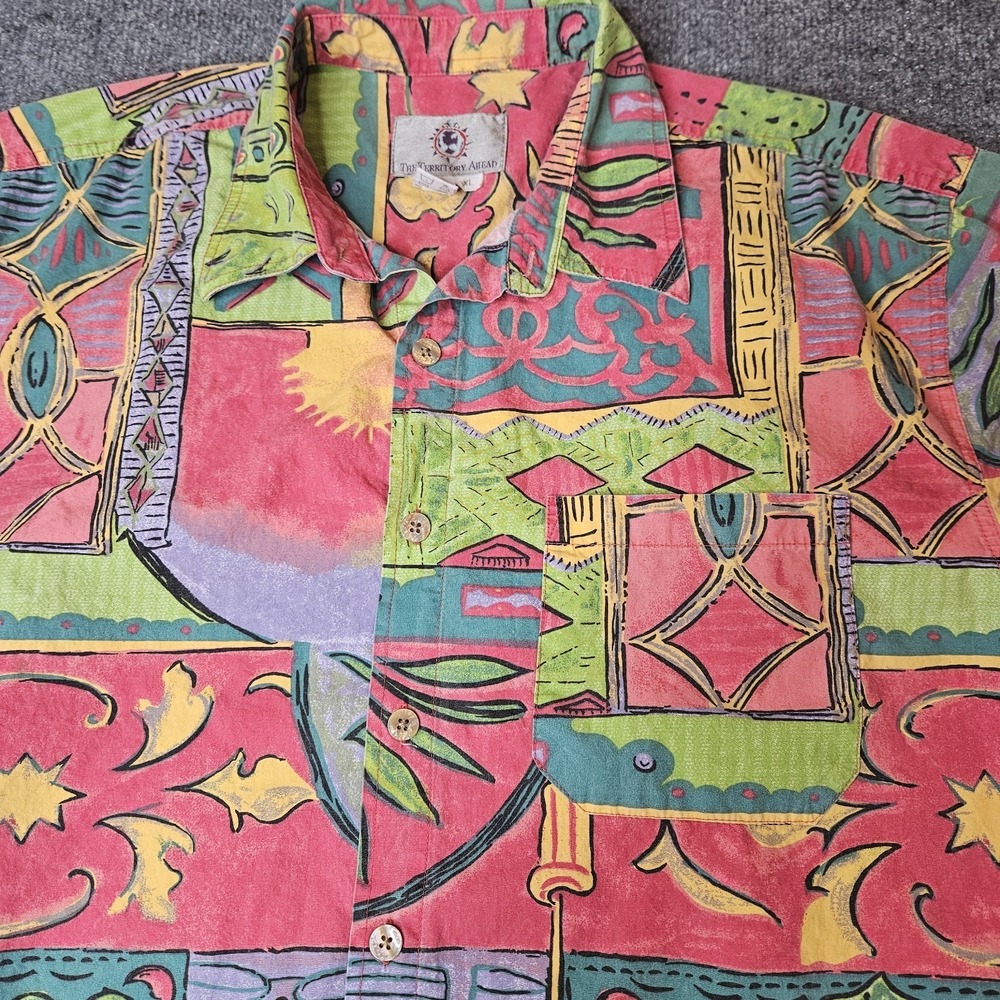 Vintage Territory Ahead Mens‎ Button Up Camp Shirt Size XL 90s Artsy Abstract